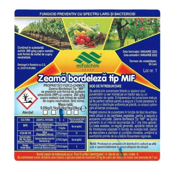 Fungicid Zeama Bordeleza tip MIF 25 KG - - Roveli