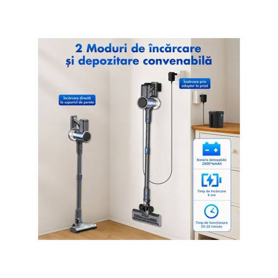 Aspirator vertical fara fir 200W 30 kPa cu ecran tactil LED si baterie 2000mAh Cod: BK00493 - 3- Roveli