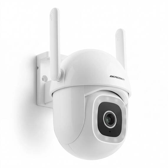 Camera supraveghere WiFi exterior Berdsen, IP rotativa PTZ 350 grade, 5MP Super HD 2880x1620, IR 10m + LED lumina alba, IP65, audio bidirectional, detectie AI persoane si vehicule, sirena integrata, Tuya Smart Life, alba - - Roveli
