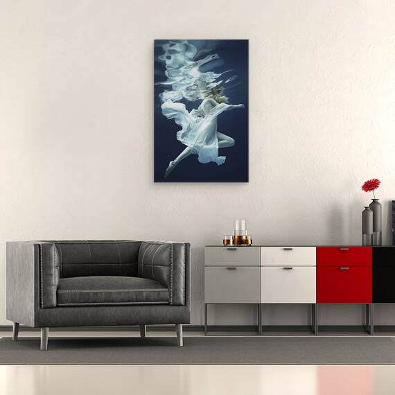 Tablou canvas - Apa si Aer, Fata, Sub Apa, Rochie, Albastru, Model, Femeie, 60 x 90 cm - 2- Roveli