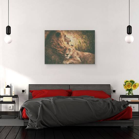 Tablou canvas - Impreuna, Leu, Leoaica, Felina, Iubire, Delicat, 60 x 90 cm - 3- Roveli