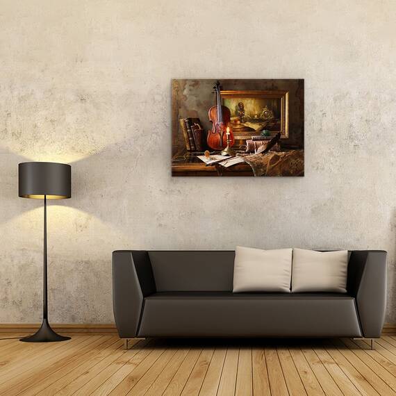 Tablou canvas - Natura Moarte Cu Vioara, Muzica, Vioara, Batran, Carte, Lumanare, Unealta, 60 x 80 cm - 2- Roveli