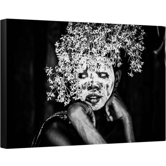 Tablou canvas - Baiat, Suri, Ethiopia, Alb-Negru, Baiat, Originar, Indigene, 60 x 90 cm - - Roveli