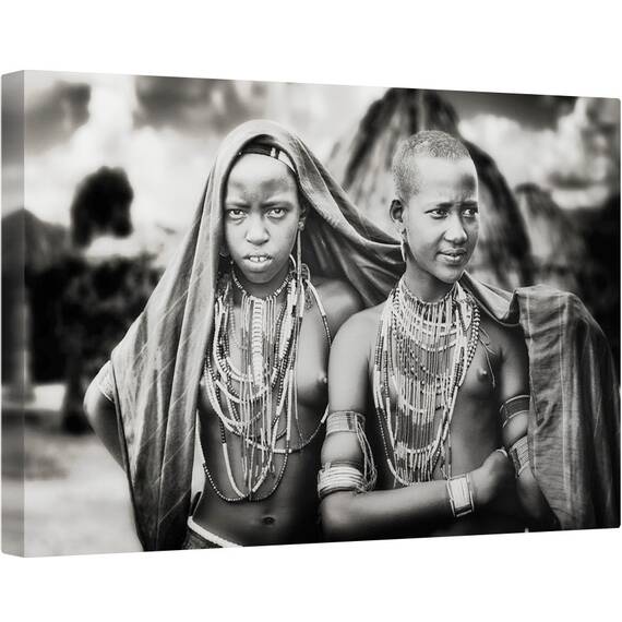 Tablou canvas - Fete Din Tribul Karo Impart O Esarfa, Oameni, Etnic, Karo, Fata, Africa, Ethiopia, 80 x 120 cm - - Roveli