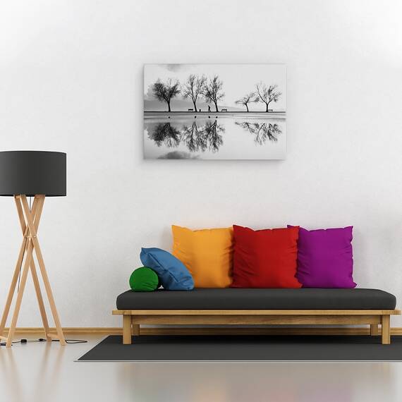 Tablou canvas - Alb-Negru, Parc, Banca, Pomi, Grafic, Silueta, 40 x 60 cm - 2- Roveli