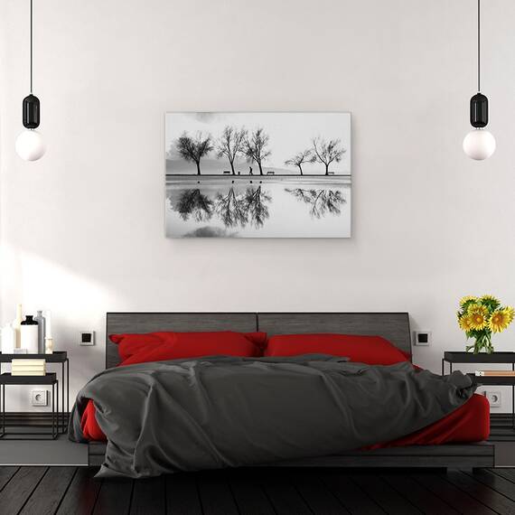 Tablou canvas - Alb-Negru, Parc, Banca, Pomi, Grafic, Silueta, 60 x 90 cm - 3- Roveli
