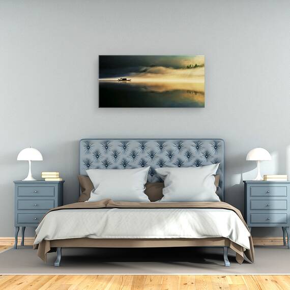 Tablou canvas - Ceata se Presara Peste Raul de Est, Peisaj, Barca, Persoana, Calm, Senin, 50 x 100 cm - 3- Roveli