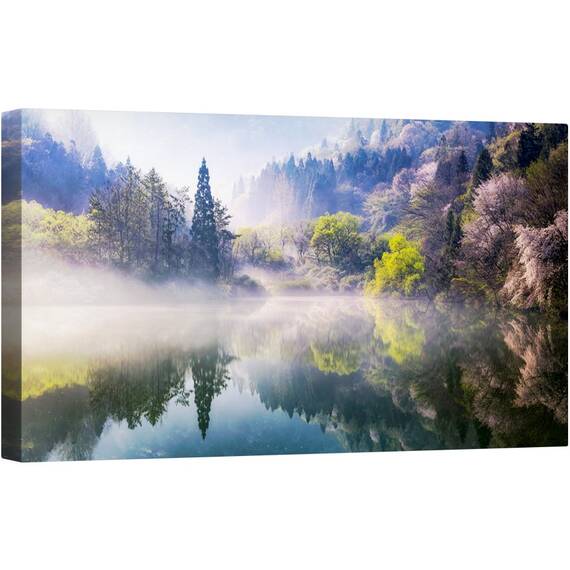 Tablou canvas - Dimineata Calma, Panorama, Verde, Ceata, Abur, Ceata, Apa, 50 x 100 cm - - Roveli