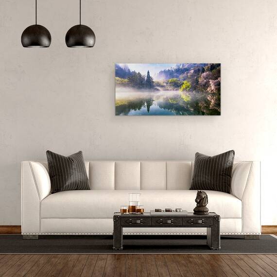 Tablou canvas - Dimineata Calma, Panorama, Verde, Ceata, Abur, Ceata, Apa, 50 x 100 cm - 2- Roveli