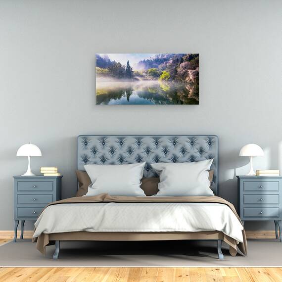 Tablou canvas - Dimineata Calma, Panorama, Verde, Ceata, Abur, Ceata, Apa, 50 x 100 cm - 3- Roveli