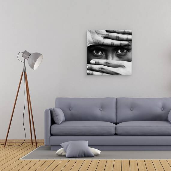 Tablou canvas - Ochi, Maini, Degete, Portret, Alb-Negru, Stare de Spirit, 60 x 60 cm - 2- Roveli