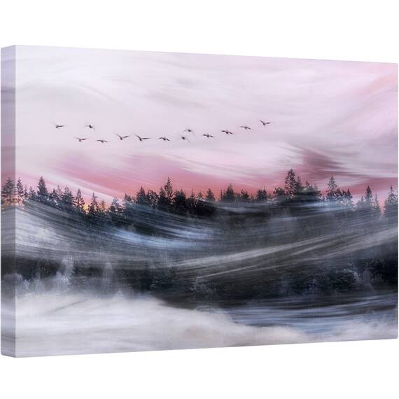 Tablou canvas - Plecand in Zori, Roz, Vant, Batut de Vanturi, Pomi, Apa, 60 x 90 cm - - Roveli