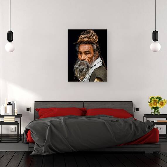 Tablou canvas - Portretul Unui Sadhu, Batran, Portret, Varsta, Par, Sadhu, India, 75 x 100 cm - 3- Roveli