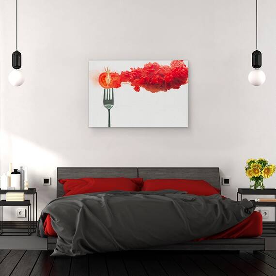 Tablou canvas - Rosii Dezintegrate, Rosie, Bucatarie, Furca, Tacamuri, Fum, 80 x 120 cm - 3- Roveli