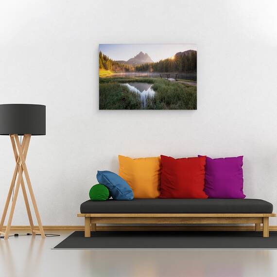 Tablou canvas - Tacerea Diminetii, Pod, Munte, Varf, Apa, Soare, 80 x 120 cm - 2- Roveli