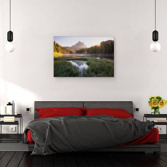 Tablou canvas - Tacerea Diminetii, Pod, Munte, Varf, Apa, Soare, 80 x 120 cm - 3- Roveli