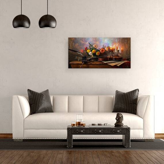 Tablou canvas - Natura Moarta, Flori, Muzica, Camera, Clasic, Vioara, Trandafiri, 50 x 100 cm - 2- Roveli
