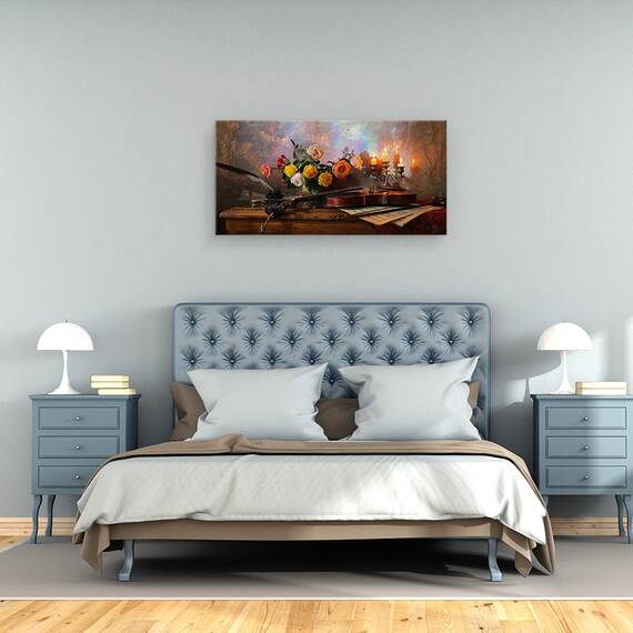 Tablou canvas - Natura Moarta, Flori, Muzica, Camera, Clasic, Vioara, Trandafiri, 50 x 100 cm - 3- Roveli