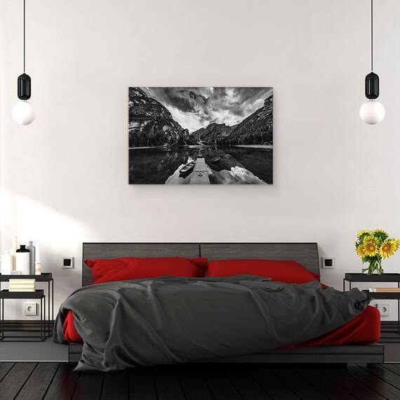 Tablou canvas - Nuante de Gri, Barca, Munte, Dig, 40 x 60 cm - 3- Roveli