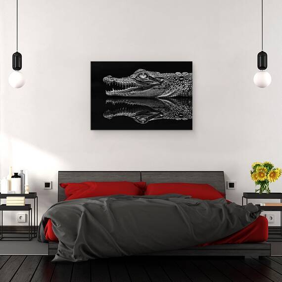 Tablou canvas - Oglinda, Animal, Taratoare, Alb-Negru, Oglinda, Crocodil, Aligator, 40 x 60 cm - 3- Roveli