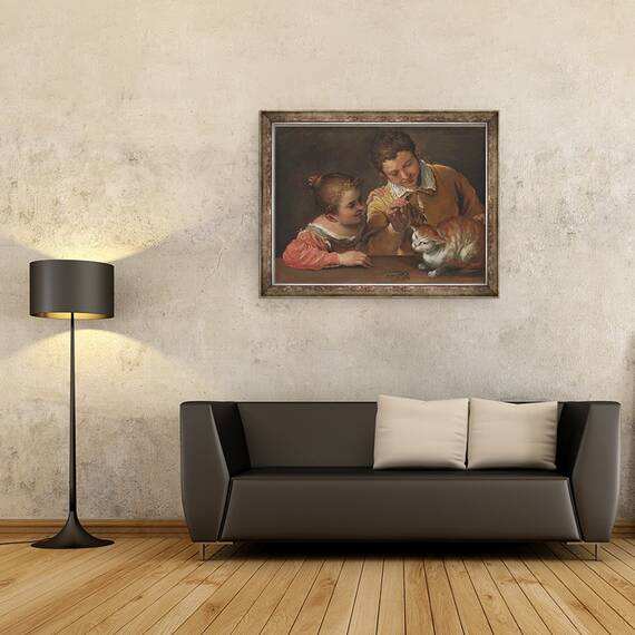 Tablou inramat - Annibale Carracci - Doi Copii tachineaza o pisica, 60 x 80 cm - 2- Roveli