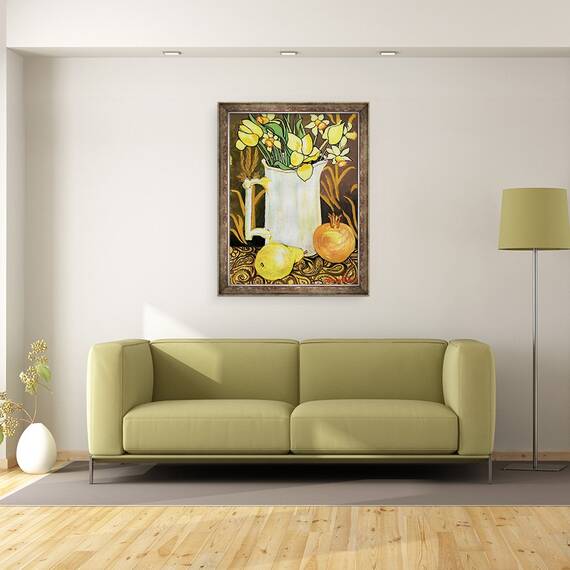 Tablou inramat - Joan Thewsey - Lalele si narcise intr-un ulcior alb, cu textile, 60 x 80 cm - 2- Roveli