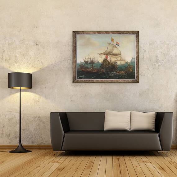 Tablou inramat - Hendrick Cornelisz. Vroom - Navele olandeze inabusind galerele spaniole de pe Coasta Angliei, 3 octombrie 1602, 60 x 80 cm - 2- Roveli