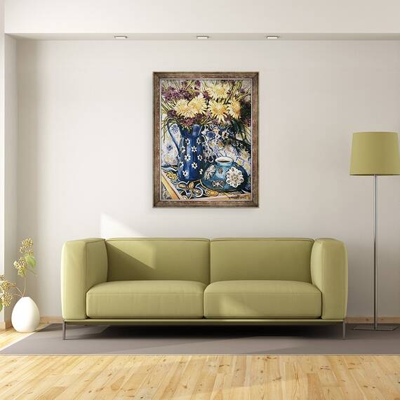 Tablou inramat - Joan Thewsey - Albastru impotriva albastru - Crizanteme si cana albastra emailata pe o tigla italiana, 60 x 80 cm - 2- Roveli
