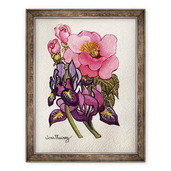 Tablou inramat - Joan Thewsey - Camellia si Iris olandez, 60 x 80 cm - - Roveli