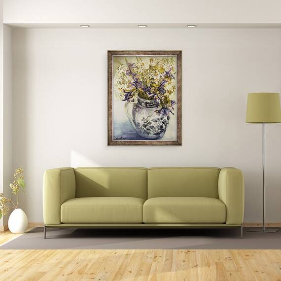 Tablou inramat - Joan Thewsey - Iris, Crizanteme si garoafe intr-un ulcior Copeland, 60 x 80 cm - 2- Roveli