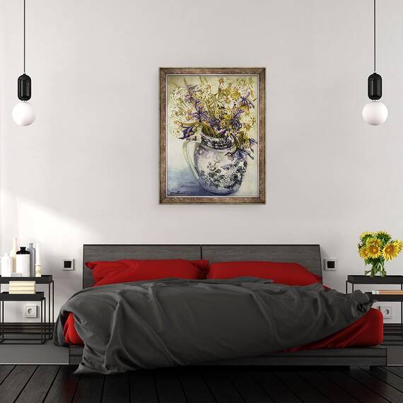 Tablou inramat - Joan Thewsey - Iris, Crizanteme si garoafe intr-un ulcior Copeland, 60 x 80 cm - 3- Roveli
