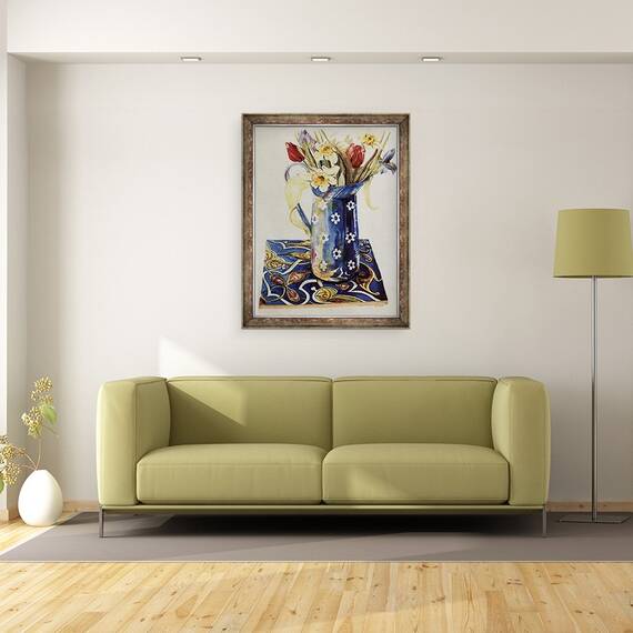 Tablou inramat - Joan Thewsey - Lalele, Iris si Narcis intr-un ulcior de email albastru cu o tigla italiana, 60 x 80 cm - 2- Roveli