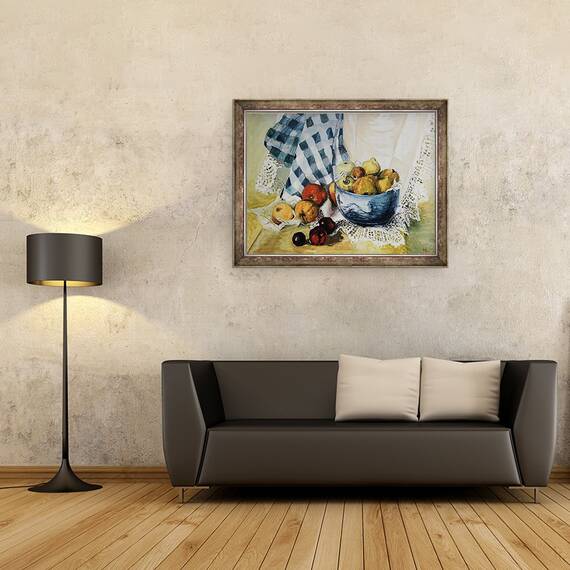 Tablou inramat - Joan Thewsey - Natura moarta cu un castron albastru, mere, pere, textile si dantela, 60 x 80 cm - 2- Roveli