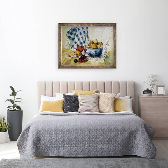 Tablou inramat - Joan Thewsey - Natura moarta cu un castron albastru, mere, pere, textile si dantela, 60 x 80 cm - 3- Roveli