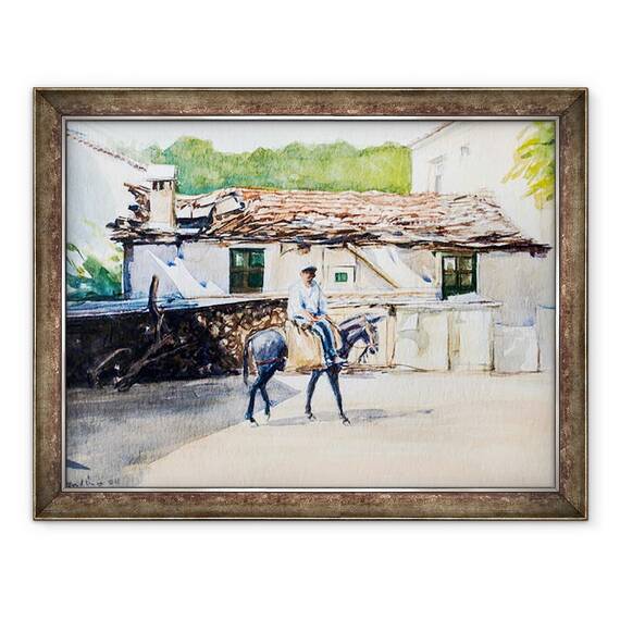 Tablou inramat - Tony Fandino - Om pe magar in Skiathos, 60 x 80 cm - - Roveli