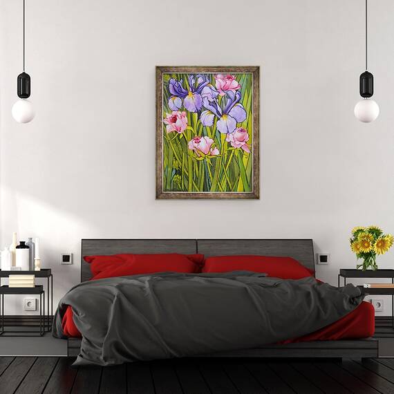 Tablou inramat - Joan Thewsey - Trandafiri si Irisuri in Gradina,2003, 60 x 80 cm - 3- Roveli