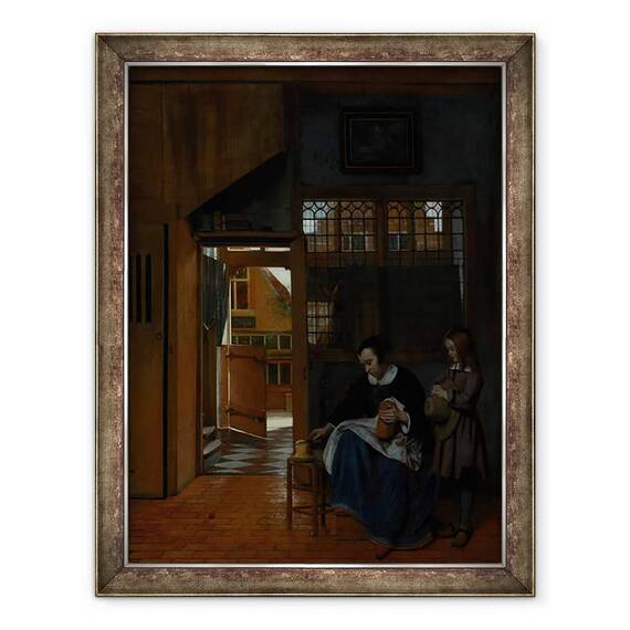Tablou inramat - Pieter de Hooch - O femeie pregateste paine si unt pentru un baiat, 60 x 80 cm - - Roveli
