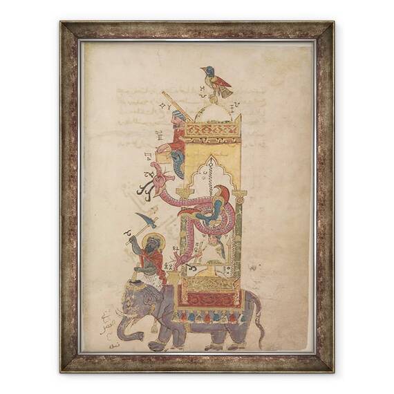 Tablou inramat - Scoala Islamica - Ceasul elefantului dintr-o carte a cunoasterii dispozitivelor mecanice ingenioase de al-Jazari, 60 x 80 cm - - Roveli