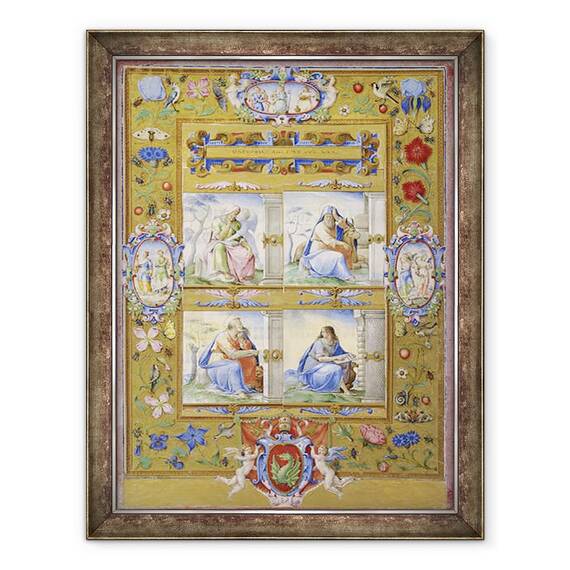 Tablou inramat - Giorgio-Giulio Clovio - Cei patru evanghelisti, intr-o granita de flori, pasari si insecte, 60 x 80 cm - - Roveli