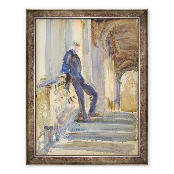 Tablou inramat - John Singer Sargent - Sir Neville Wilkinson pe treptele podului Palladian de la Wilton House, 60 x 80 cm - - Roveli