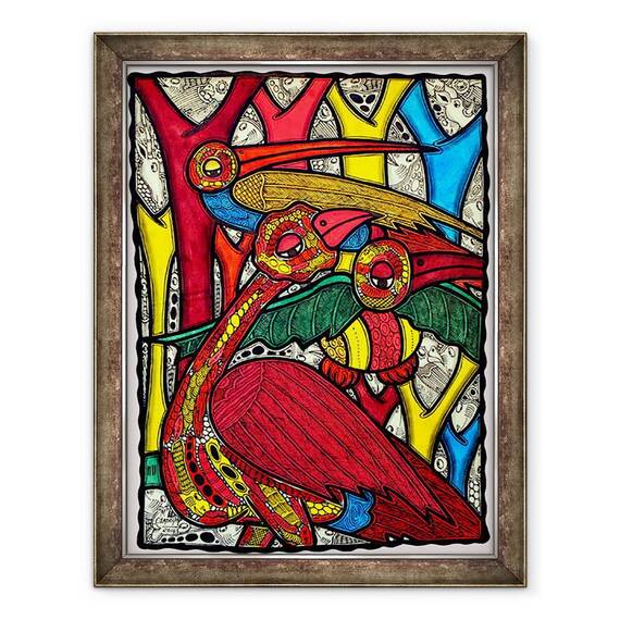 Tablou inramat - Muktair Oladoja - Viata pasarilor II, 60 x 80 cm - - Roveli