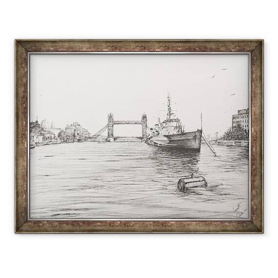 Tablou inramat - Vincent Alexander Booth - HMS Belfast pe raul Tamisa Londra, 2006, 60 x 80 cm - - Roveli