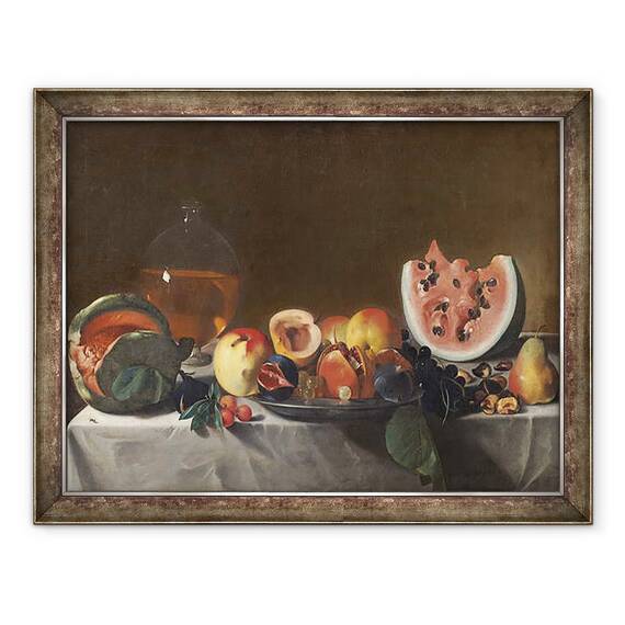 Tablou inramat - Carlo Saraceni - Natura moarta cu pepeni verzi si carafa de vin alb, 60 x 80 cm - - Roveli