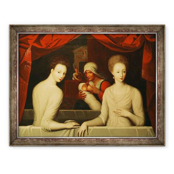 Tablou inramat - Scoala Fontainebleau - Gabrielle dEstrees 1573-99 si sora ei, 60 x 80 cm - - Roveli