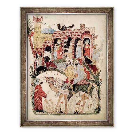Tablou inramat - Yahya ibn Mahmud Al-Wasiti - Dna Ar 5847 f.138, Abu Zayd si Al-Harith interogarea satenilor, de la Al Maqamat intalnirile de Al-Hariri, 70 x 90 cm - - Roveli