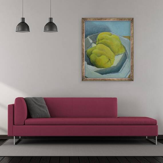 Tablou inramat - Sara Studd - Gutui pe o farfurie alba, 50 x 60 cm - 2- Roveli
