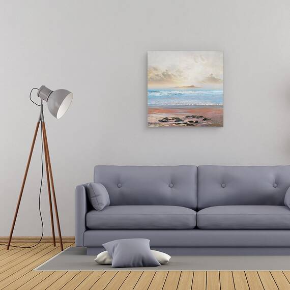 Tablou canvas - Peisaj, Natura, Nisip, Scoici, Valuri, Munti, Pictura, 90 x 90 cm - 2- Roveli