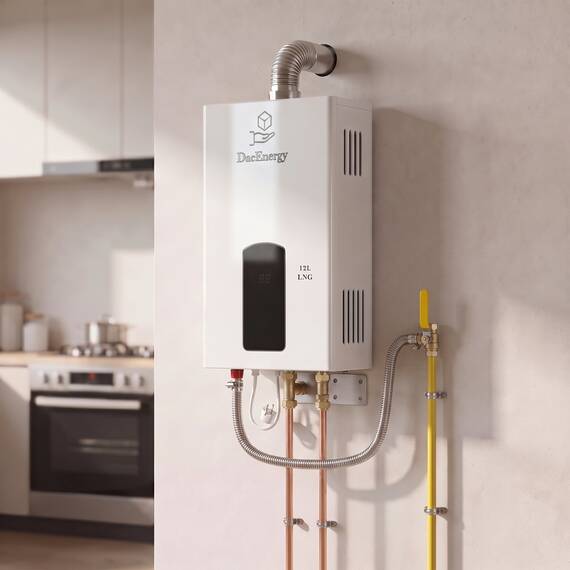 Incalzitor instant de apa pe gaz natural DacEnergy, boiler GNL fara rezervor cu tiraj fortat, panou tactil si afisaj digital, reglare 35-65 grade, montaj pe perete, kit evacuare si para de dus incluse, alimentare 220V, 12 l/min, 24 kW, alb - 10- Roveli