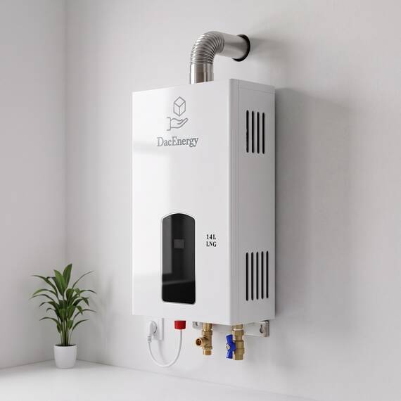 Incalzitor instant de apa pe gaz natural DacEnergy, boiler GNL fara rezervor cu tiraj fortat, panou tactil si afisaj digital, reglare 35-65 grade, montaj pe perete, kit evacuare si para de dus incluse, alimentare 220V, 14 l/min, 28 kW, alb - 12- Roveli