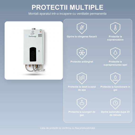 Incalzitor instant de apa pe gaz natural DacEnergy, boiler GNL fara rezervor cu tiraj fortat, panou tactil si afisaj digital, reglare 35-65 grade, montaj pe perete, kit evacuare si para de dus incluse, alimentare 220V, 14 l/min, 28 kW, alb - 16- Roveli